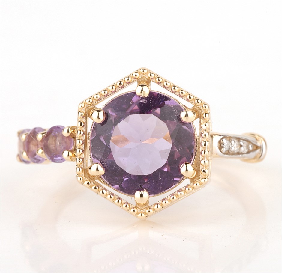Yellow Gold Natural Amethyst & Diamond Ring with valuation
