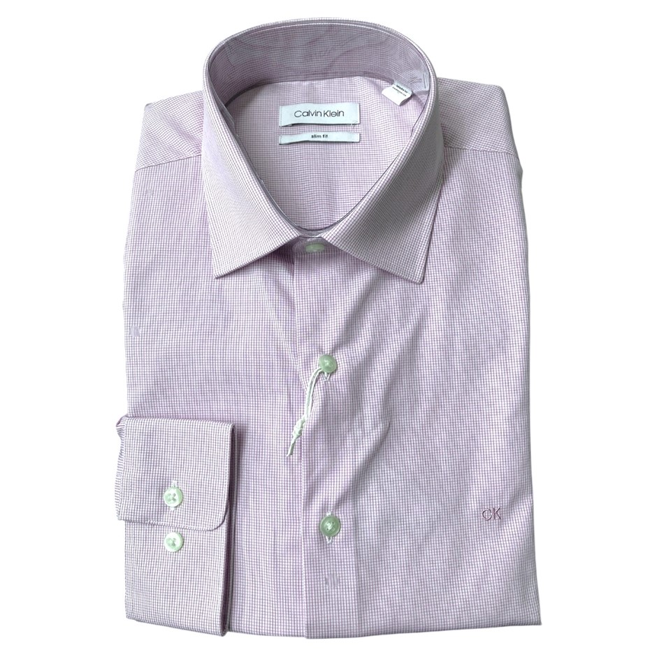 CALVIN KLEIN Men's Steel+ Slim Fit Shirt, Size 42/92, 60% Cotton, Mini Chec