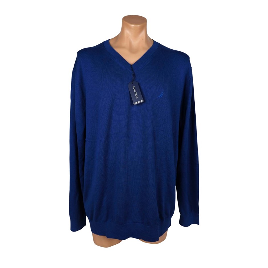 NAUTICA Men's Knit V-Neck Sweater, Size 2XL, 100% Cotton, Blue Limoges (41C