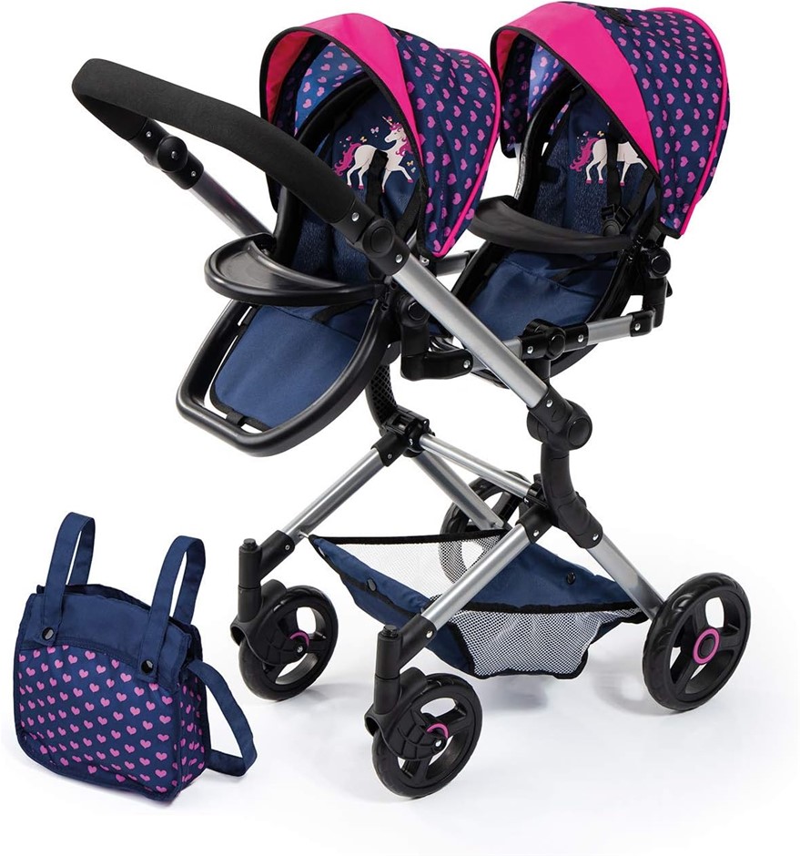 BAYER Neo Twin Doll Pram, Blue with Pink Hearts and Unicorn Print. NB: Slig