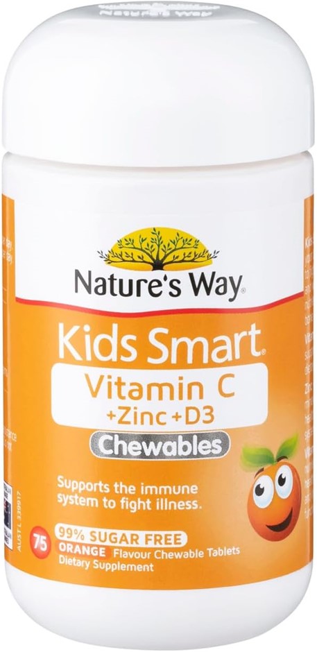 3 x NATURE'S WAY Kids Smart 75pc VitaminC + Zinc + D3 Chewable Tablets, Ora