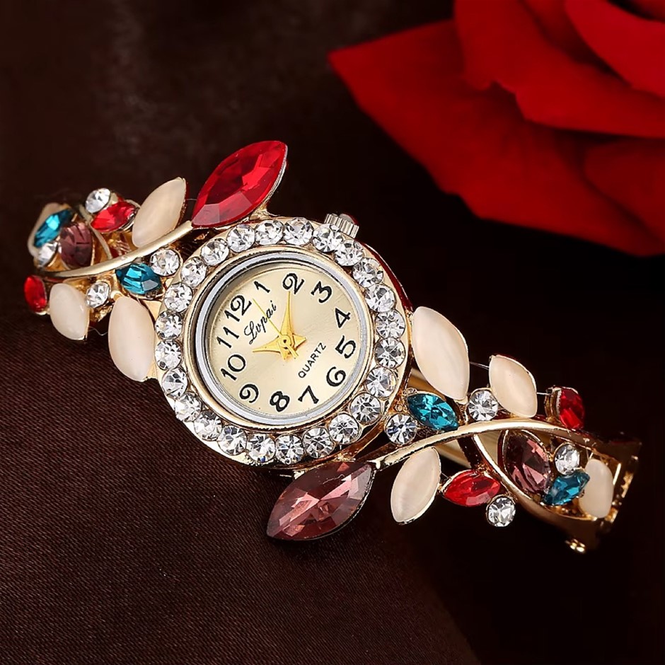 Luxury Crystal Flower Bracelet Wrist Watch, Multi