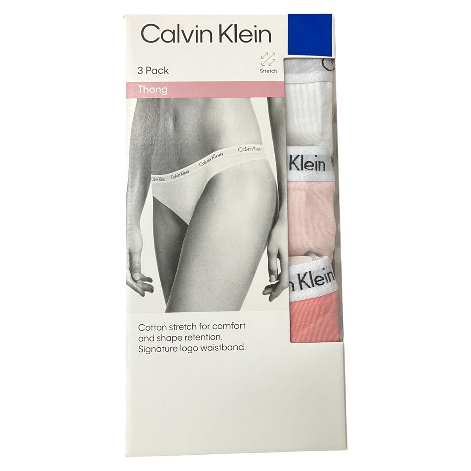 3-Pack CALVIN KLEIN Women's Thongs, Size XL, 90% Cotton, Pink/White Combo (