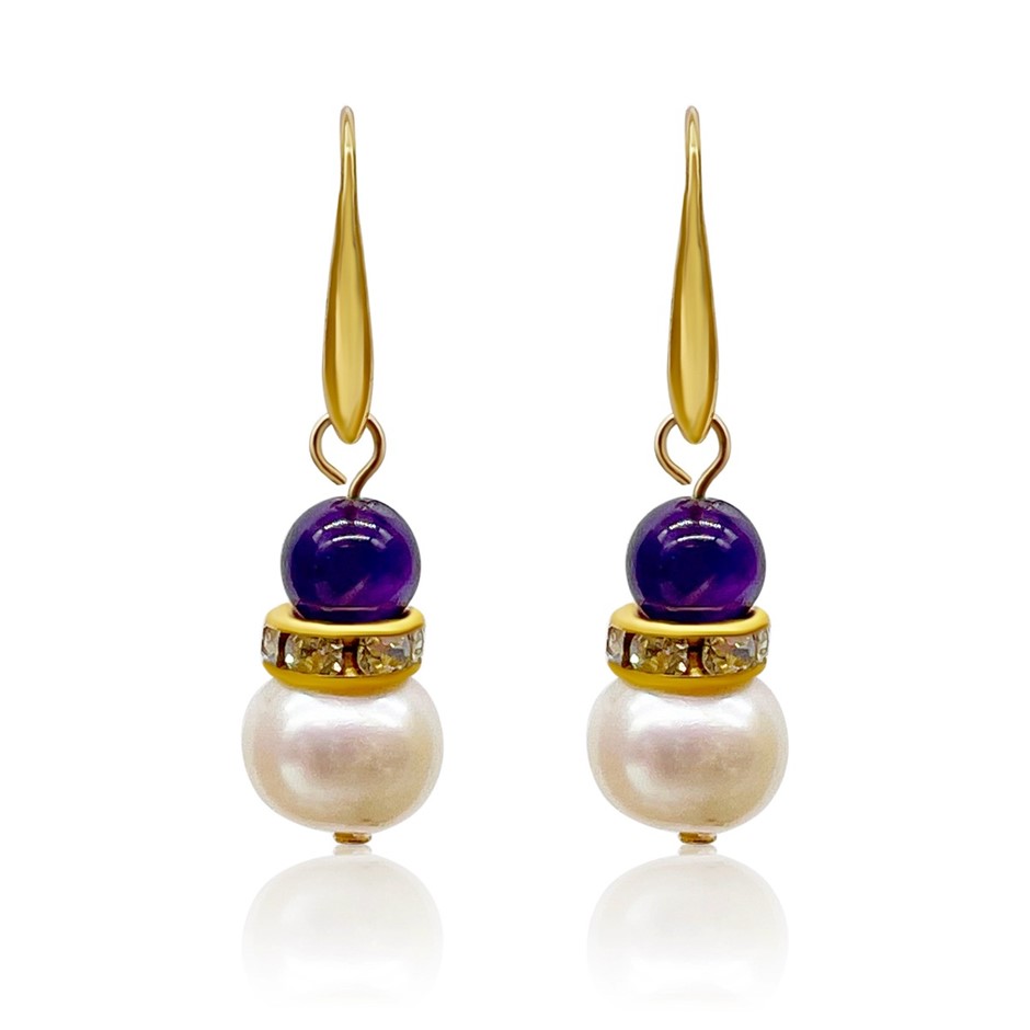 Amethyst & Freshwater Pearl Gold Plated Drop Earrings