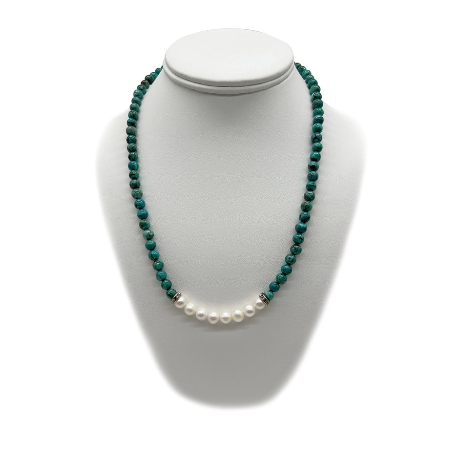 7-8mm Pearl & African Jasper 'Turquoise' with Real Platinum Plated Necklace