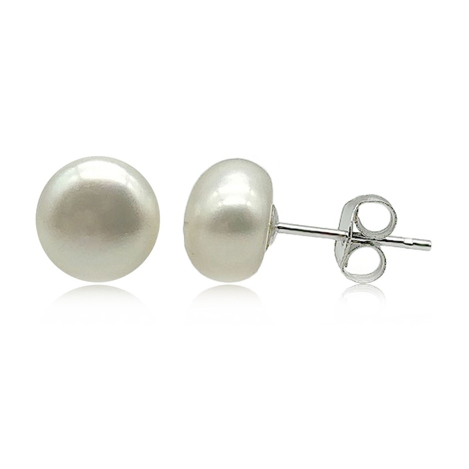 8.5-9mm Button White Freshwater Pearl 925 Sterling Silver Stud Earrings