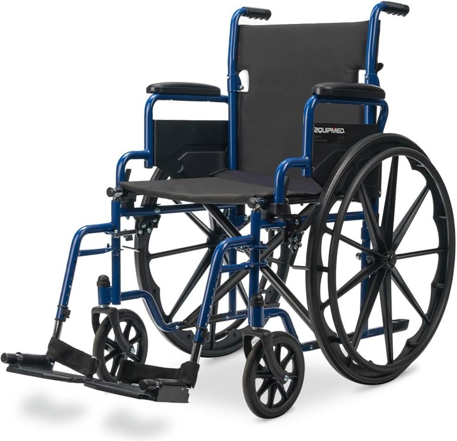 EQUIPMED Folding Wheelchair with 24" Wheels And Blue Frame.