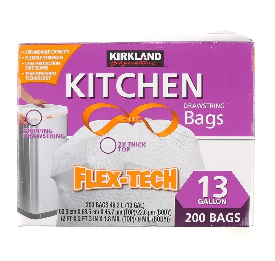 SIGNATURE Kitchen Drawstring Bag Flex-Tech, No-Leak, 13 Gallon, 200 Bags. N