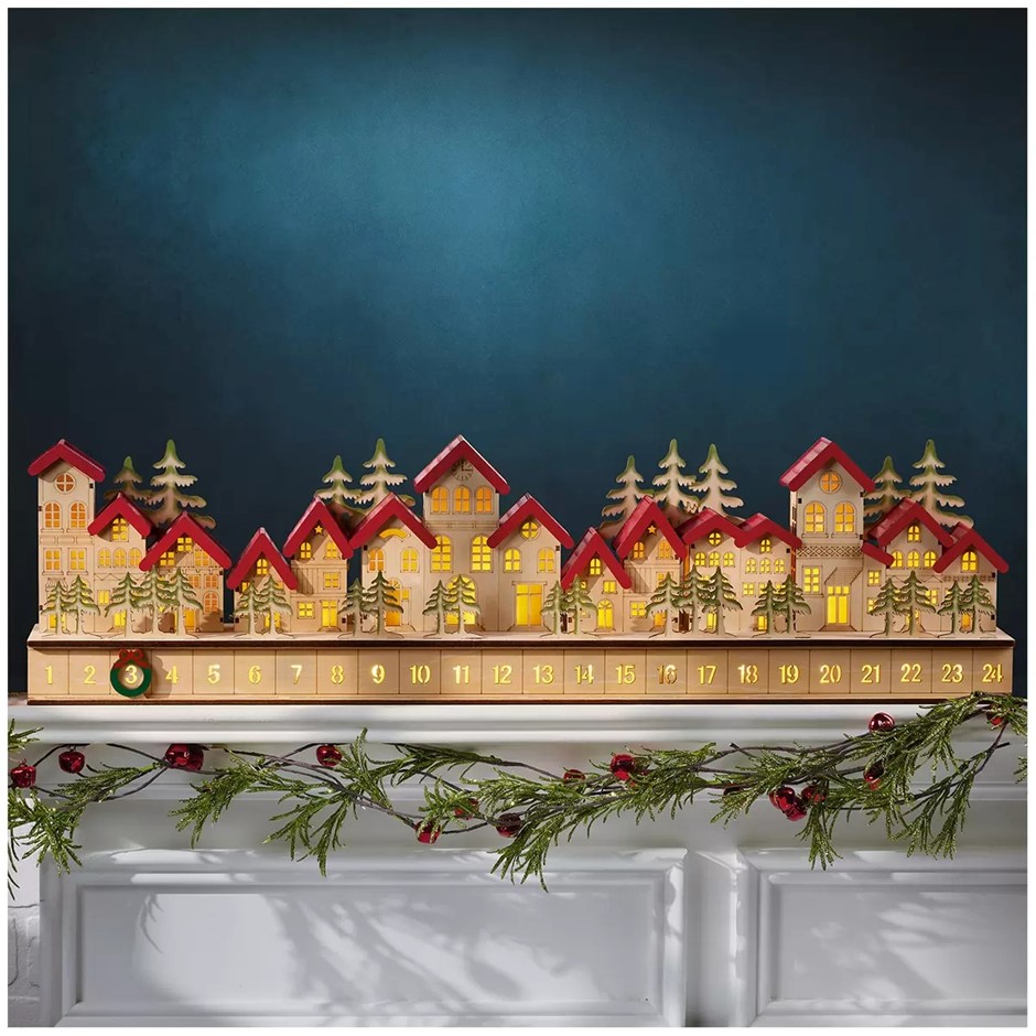 SIGNATURE LED Wooden House Advent Calendar. NB: Damaged packaging, LED func