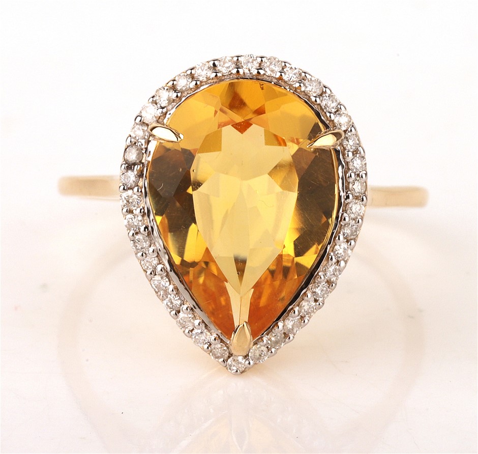 Yellow Gold Natural Citrine & Diamond Ring with Valuation