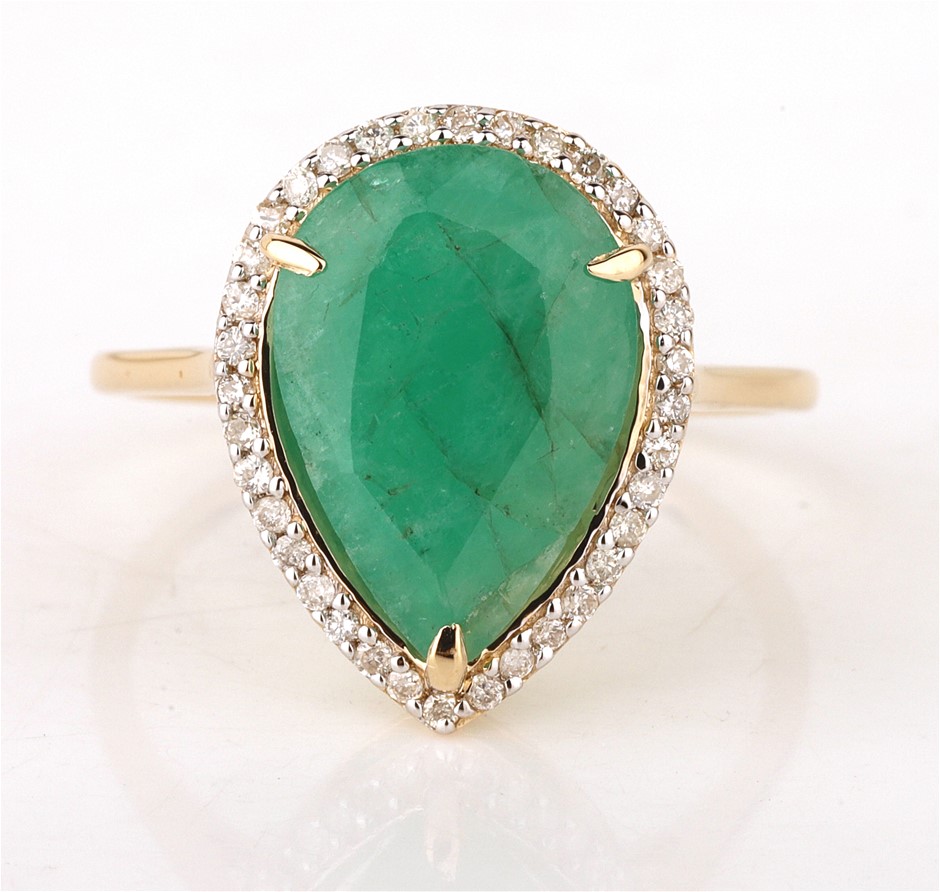 Yellow Gold Natural Emerald & Diamond Ring  with Valuation