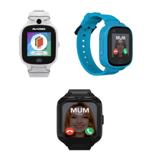3 x Assorted Kids Smart Watches. 1 x MOOCHIES 4G - Black. 1 x MOOCHIES 4G W