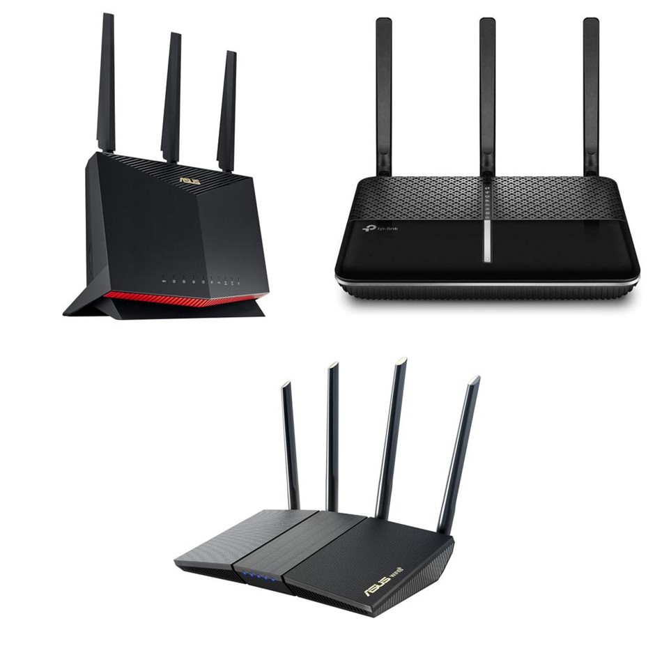 3 x Assorted Routers. 1 x ASUS RT-AX86U Wireless-AX5700. 1 x TP-LINK Archer