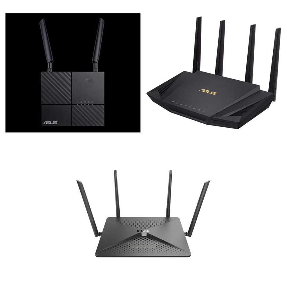 3 x Assorted Routers. 1 x ASUS 4G-AC53U Wireless AC750. 1 x ASUS RT-AX3000.