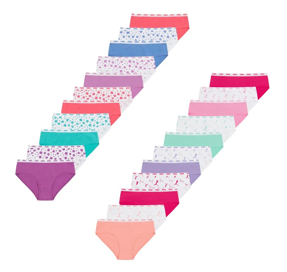 9 x PUMA Girls' Bikini Underwear, Size US L, 95% Cotton, Assorted Colours,