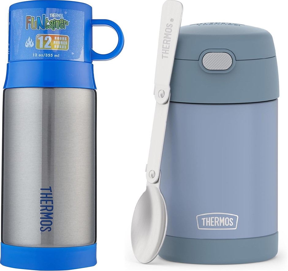 2 x THERMOS FUNtainers: 473ml Food Jar (Denim Blue) & 355 ml Warm Beverage