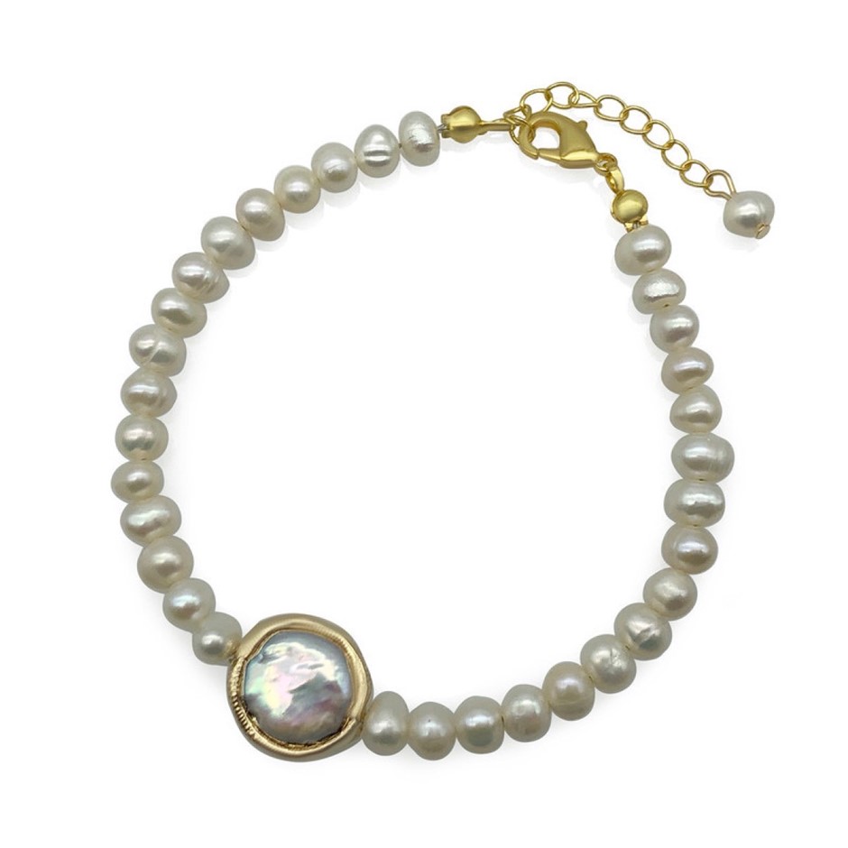 White 4-5mm Potato Shape Pearl with Real 18k Gold Plated Bracelet