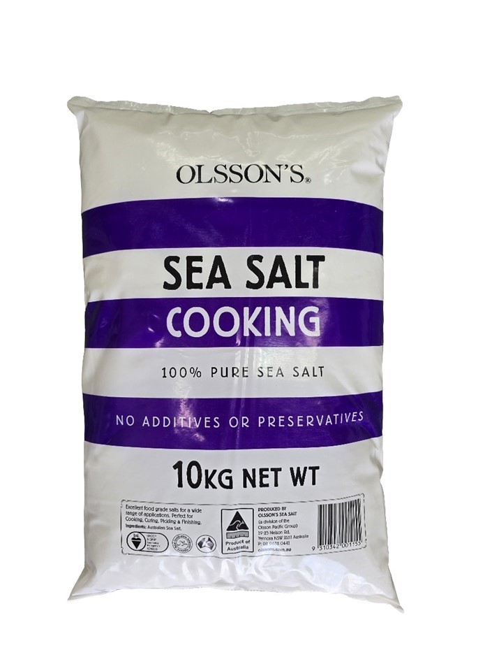 2 x OLSSONS Cooking Sea Salt, 10kg. NB: Damaged packaging.