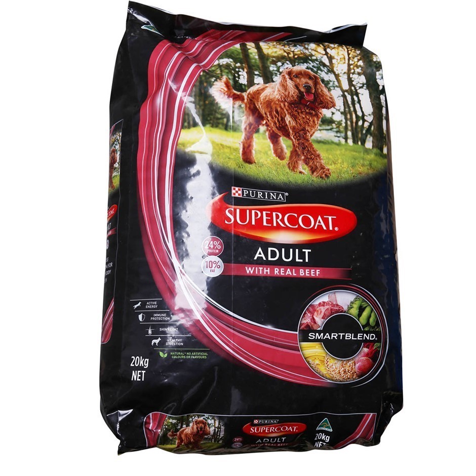 PURINA Supercoat Adult w/ Real Beef Dog Food, 18kg. NB: Damaged packaging.