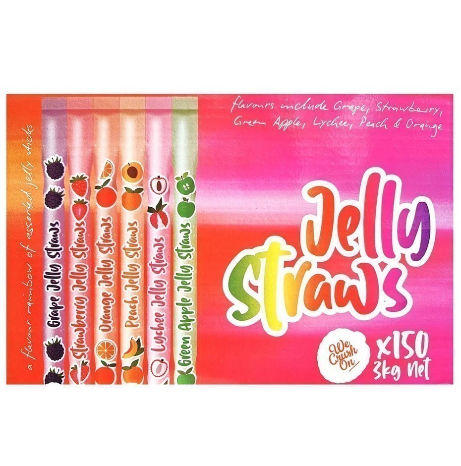 2 x Box of 150pc WE CRUSH ON Jelly Straws, Assorted Fruit Flavours, 3kg. N.
