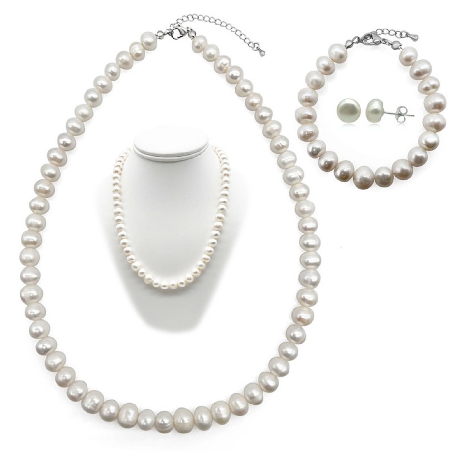9-10mm Potato Shape Pearl Real Platinum Plated Jewellery Set