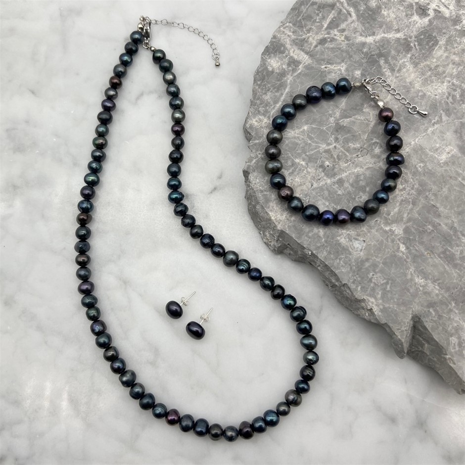 Grade AB 7-8mm Black Pearls Real Platinum Plated Jewellery Set