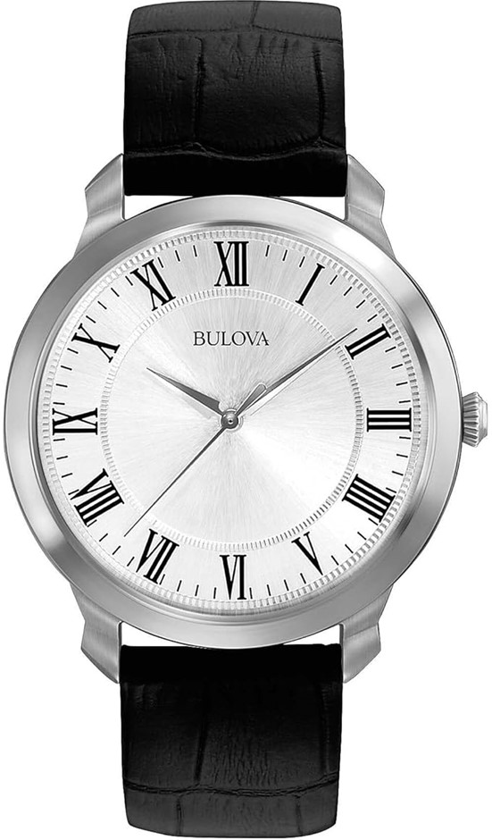 BULOVA Men's Classic 3-Hand Quartz Black Leather Strap Watch, Roman Numeral