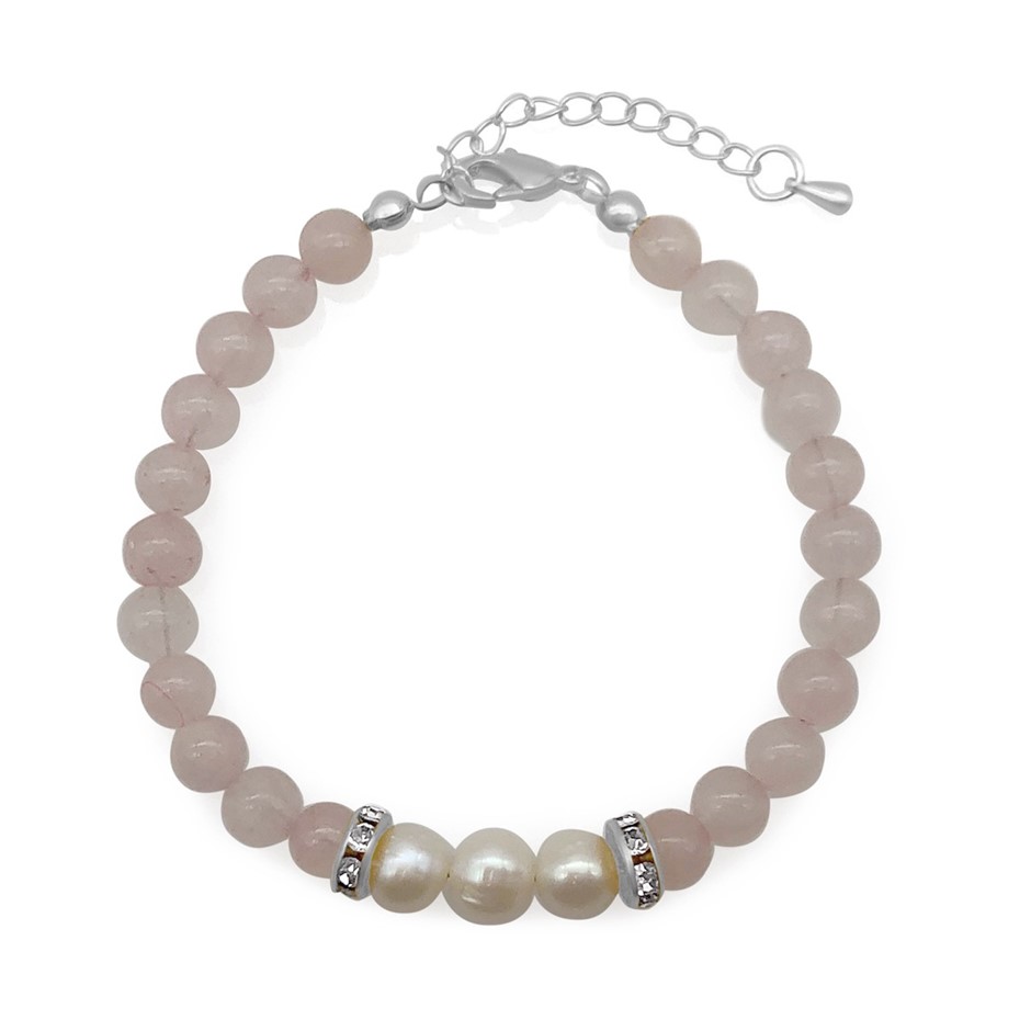 7-8mm Pearl & Rose Quartz with Real Platinum Plated Bracelet