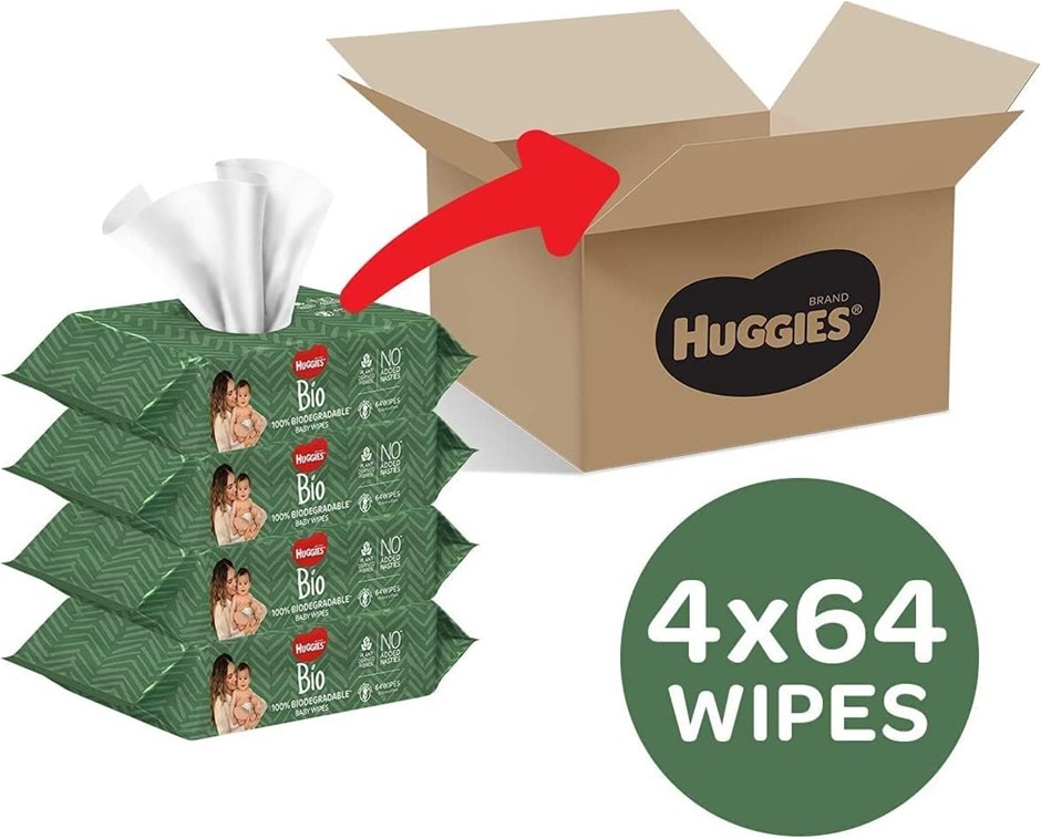2 x HUGGIES Bio Baby Wipes 256 Count (4 x 64 Pack). NB: Packaging May Vary