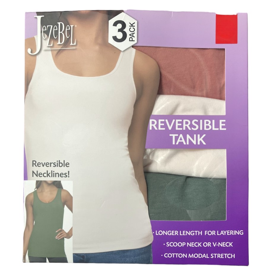 3-Pack JEZEBEL Reversible Tanks, Size M, Cotton/Modal, Coral/Cream/Green. N
