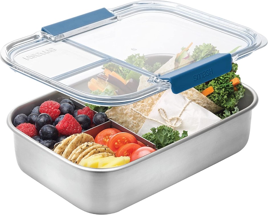 SMASH Microwave Safe Stainless Steel Bento Lunch Box, 3 Compartments, Blue,