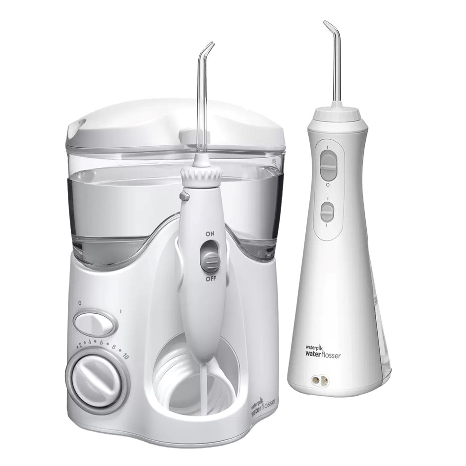 WATERPIK Ultra & Cordless Plus Waterflosser Pack. NB: Damaged packaging & 3