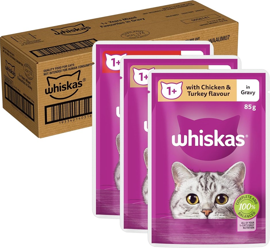 WHISKAS 1+ Years Wet Cat Food with Mixed Favourites in Gravy 85g Pouch, Box