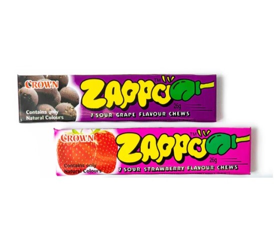 54 x ZAPPO Sour Flavour Chews 26g, Mixed Flavours (Grape Strawberry).