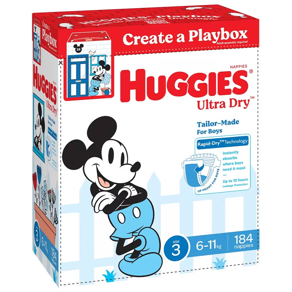 HUGGIES 184pk Ultra Dry Nappies for Boys, Size 3, 6-11kg, Mickey Mouse. N.B