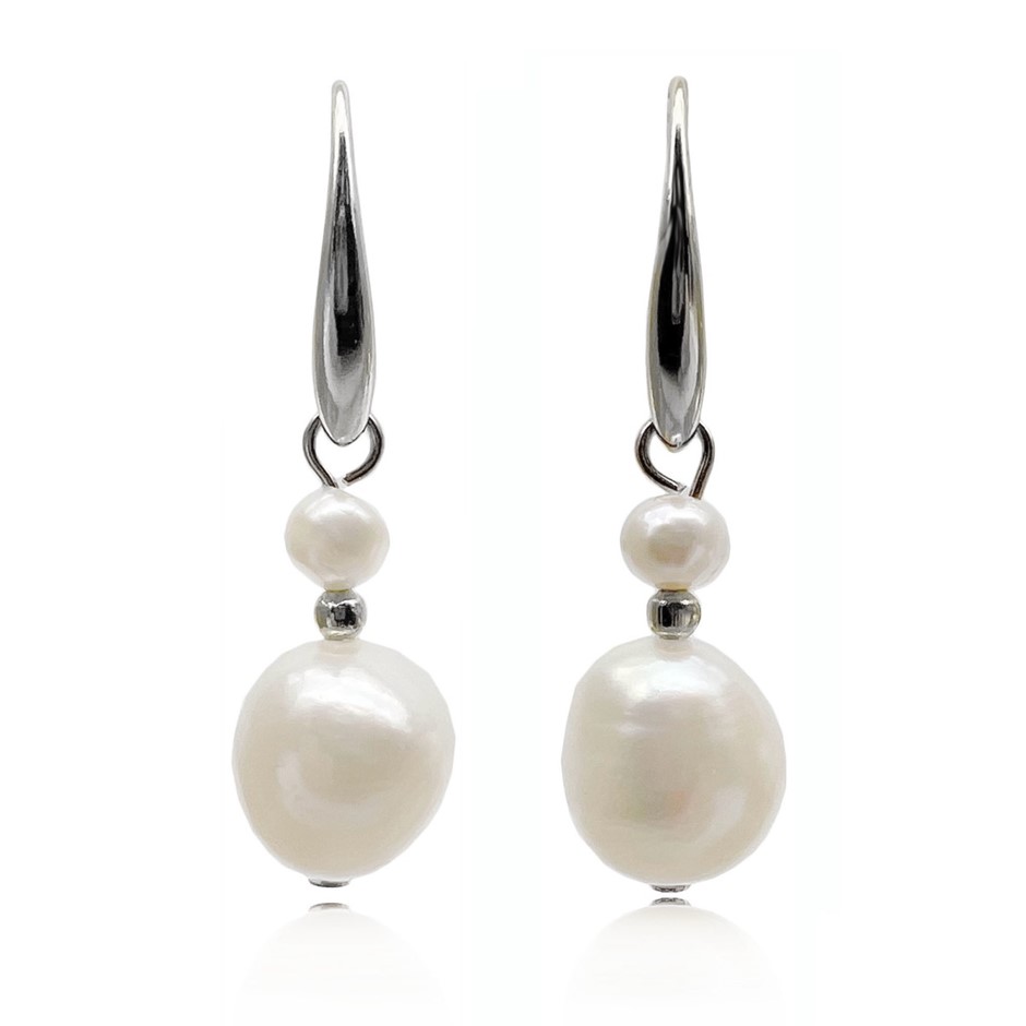 Flat Edge Baroque & Freshwater Pearl Platinum Plated Drop Earrings