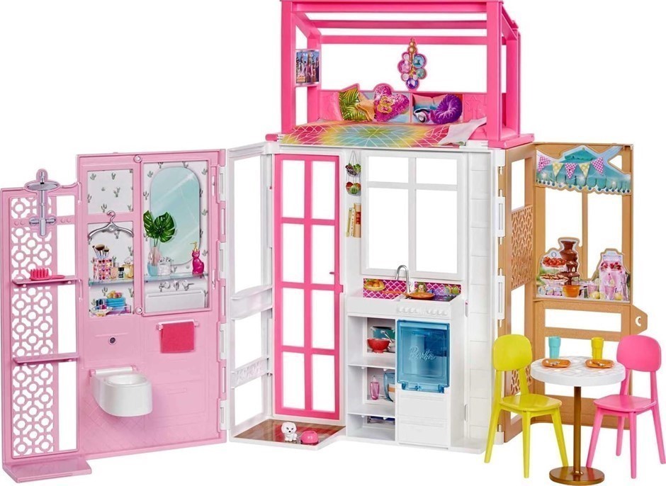 BARBIE Dollhouse with 2 Levels & 4 Play Areas, Fully Furnished Barbie House