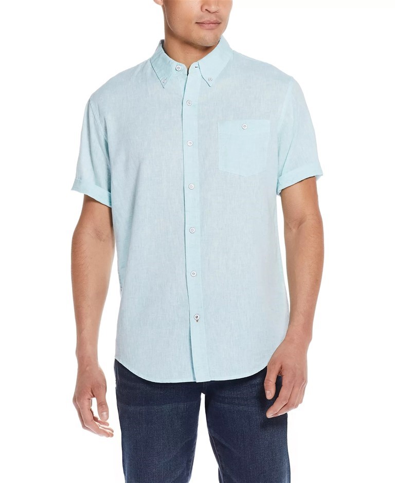 WEATHERPROOF Men's Linen S/S Shirt, Size L, 55%Linen/45%Cotton, Blue. Buye