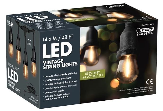 FEIT LED Vintage String Lights, 14.6m. NB: Damaged packaging, minor use, so