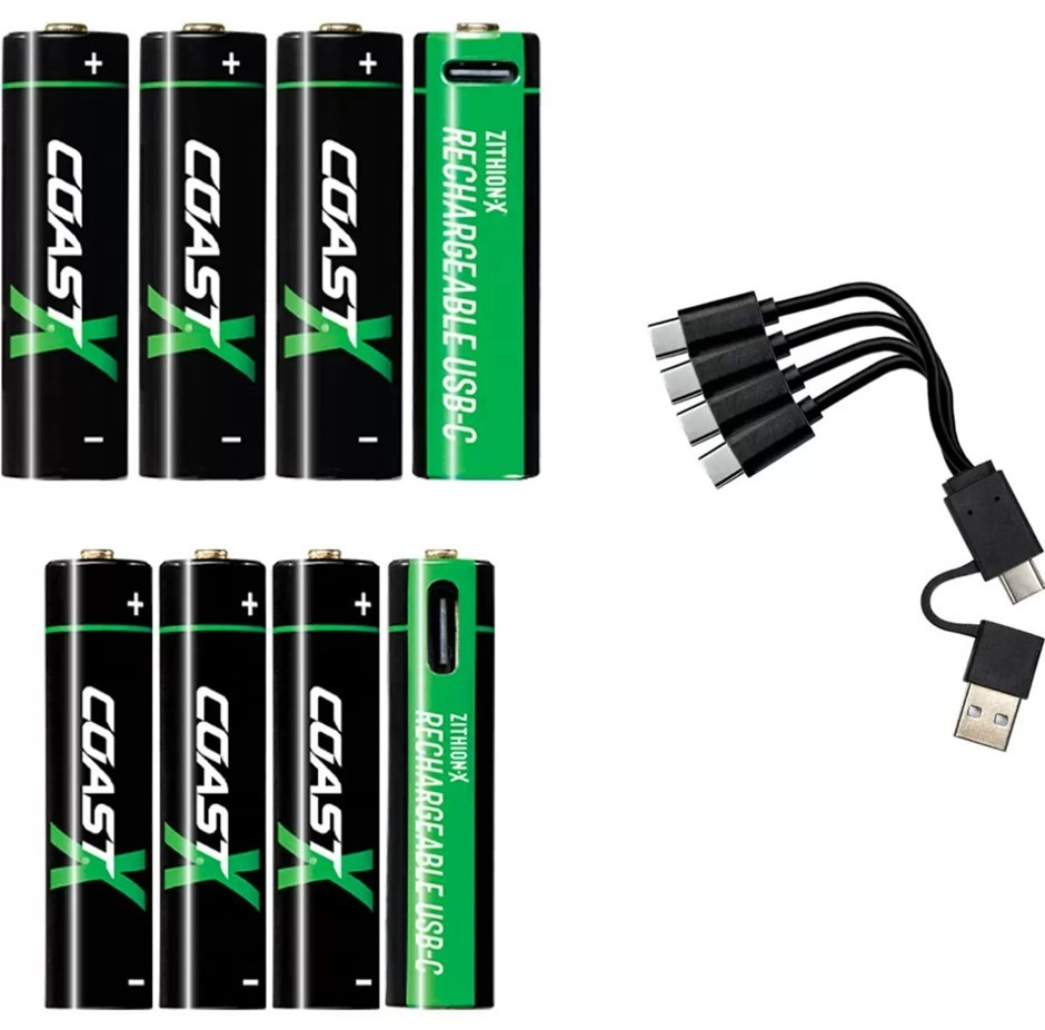 COAST 8pk ZITHION-X Rechargeable Lithium Batteries, USB-C, inc. 4 x AA & 4