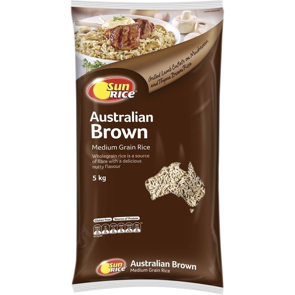 2 x SUN RICE Australian Brown Medium Grain Rice, 5kg. NB: Damaged packaging
