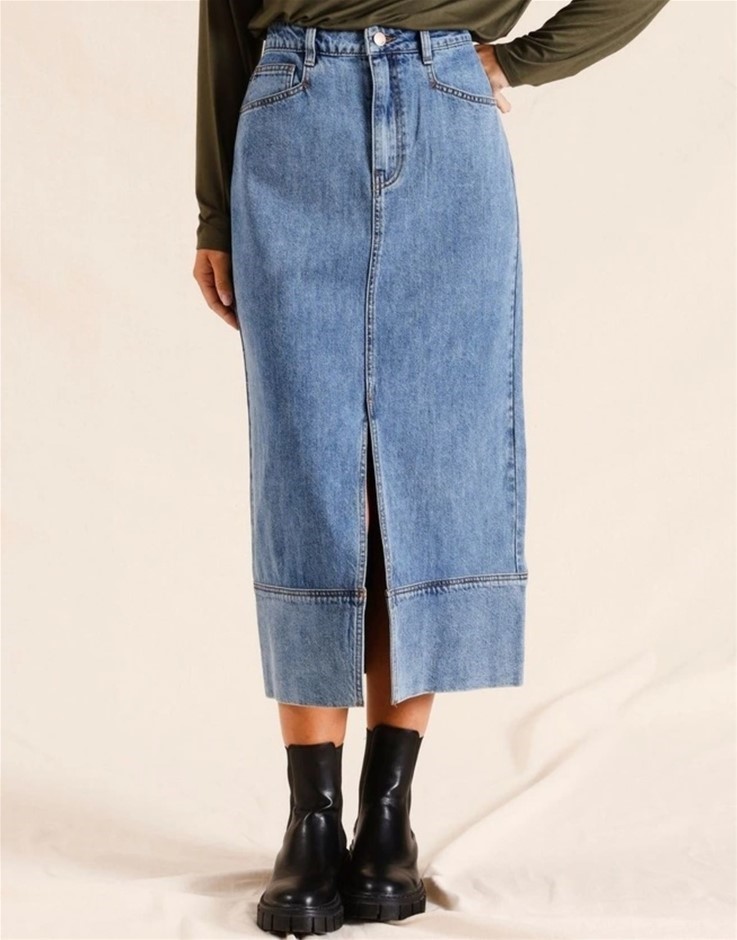 PIPER Denim Midi Split Front Skirt, Size 16, Denim. NB: small hole beside s