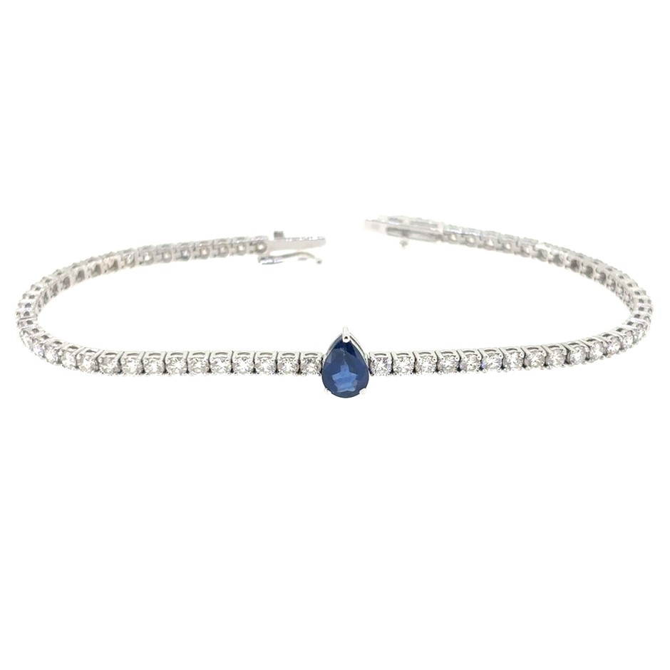 1.00ct Blue Sapphire & 3.30ct 66 Stones G/VS Dia Bracelet 14K White Gold