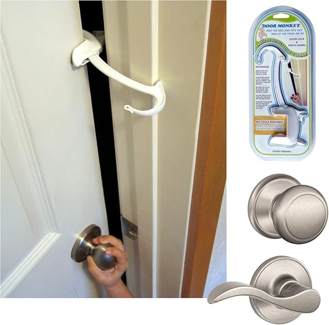 2 x DOOR MONKEY Child Proof Door Lock & Pinch Guard - For Door Knobs & Leve