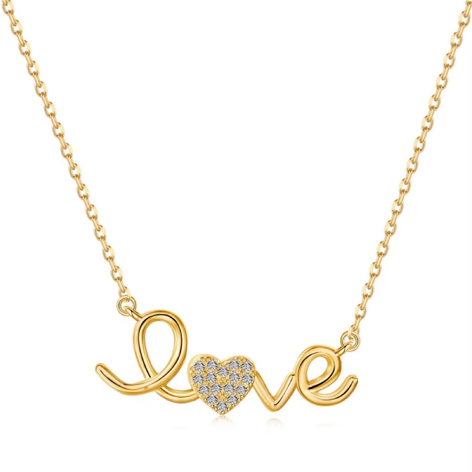 18K Gold Filled 925 Silver Simulated Diamonds 'Love' Pendant Necklace