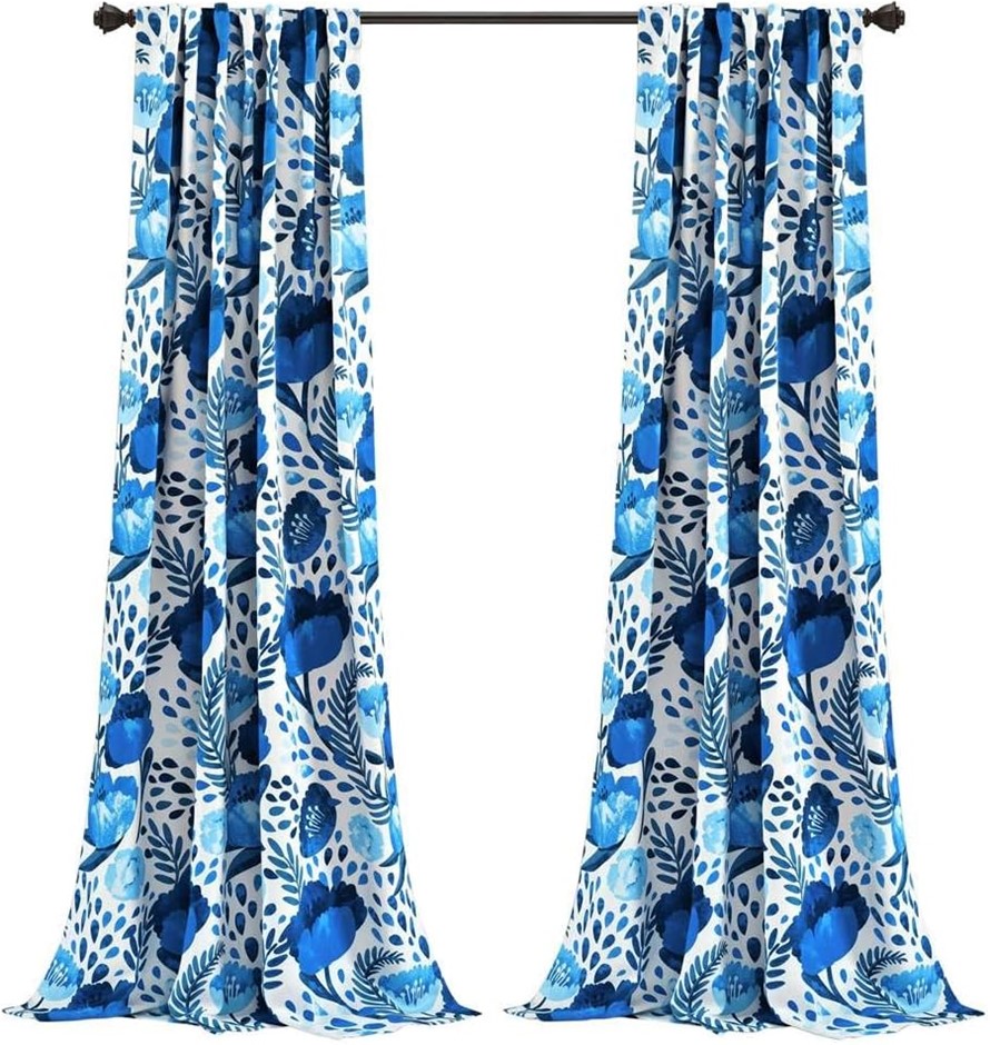 LUSH DECOR  x 52", Blue Poppy Garden Curtains Light Filtering Window Set fo