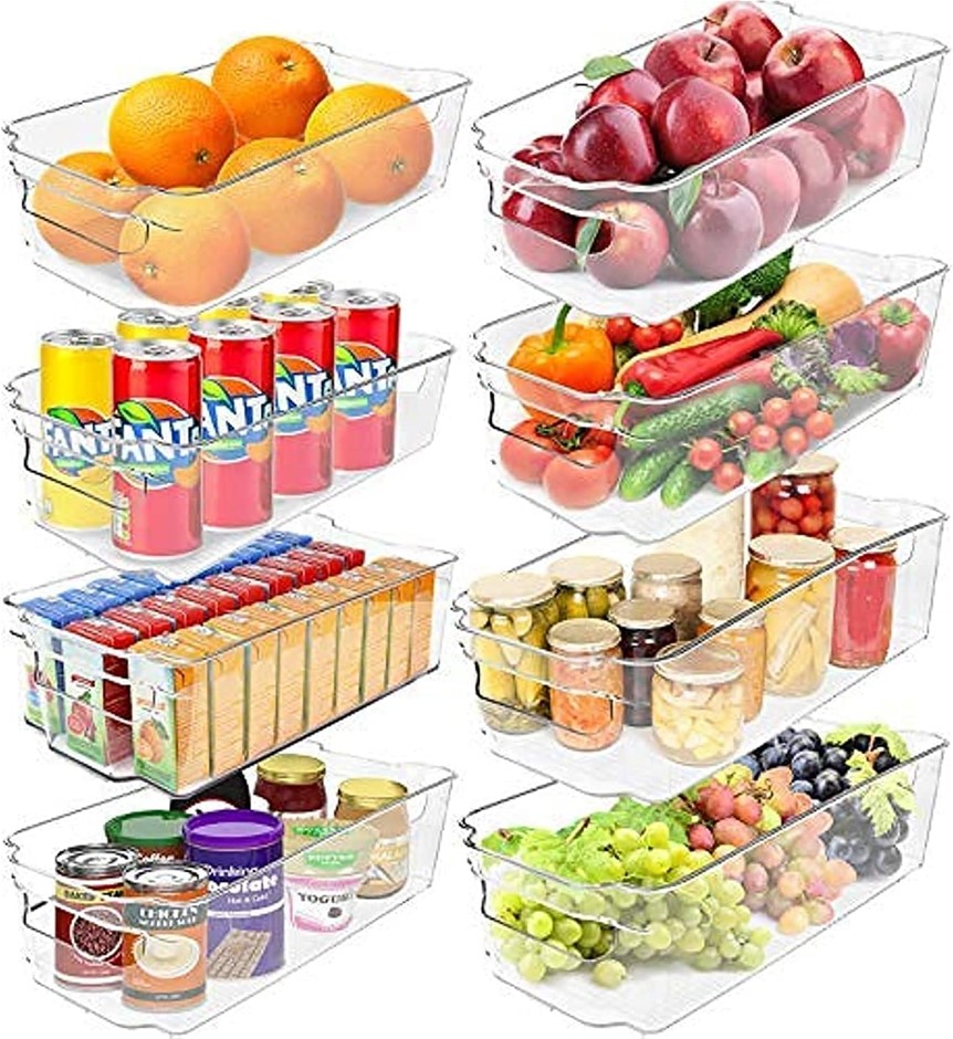 Pack of 8 x GREENCO Fridge and Pantry Bins, Stackable Clear Refrigerator Or