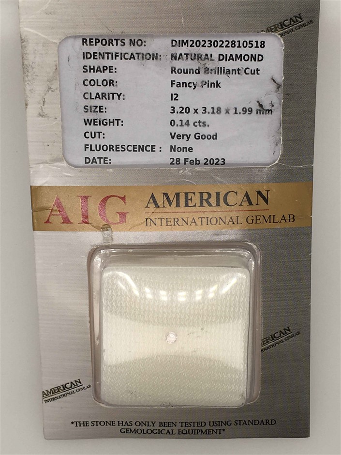0.14ct One Stone Loose Natural Round Brilliant Cut Pink Diamond, AIG Sealed