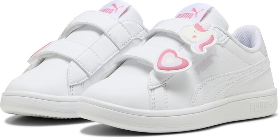 PUMA Women's Puma Smash 3.0 Badges Velcro Pre-School Sneaker, White-Passion