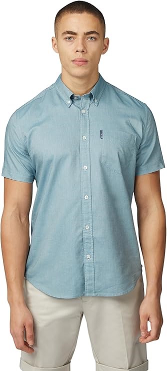 BEN SHERMAN Men's Signature Short Sleeve Oxford Shirt, Teal, Small